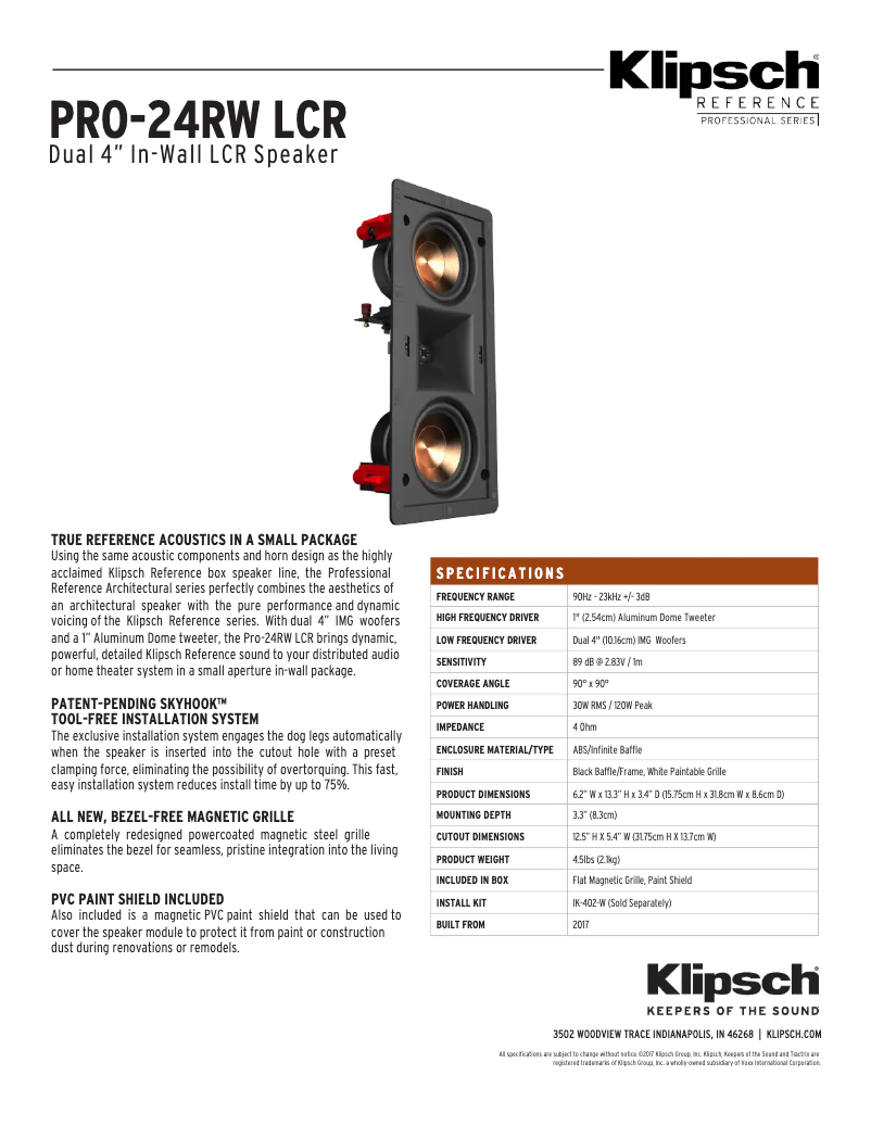 Page n°1 - Fiche technique Klipsch PRO-24RW LCR