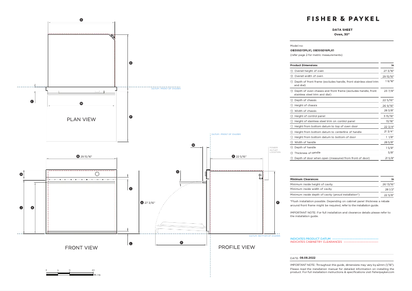Page 1 de la notice Fiche technique Fisher & Paykel OB30SD14PLX1