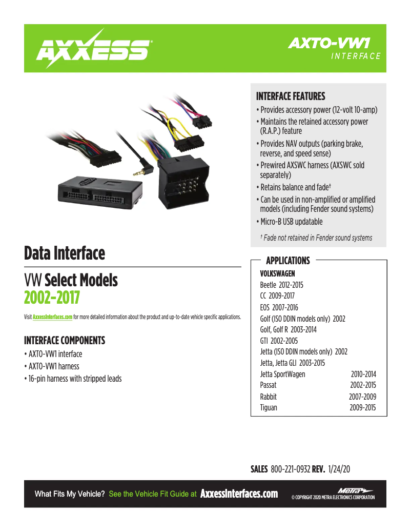 Page 1 de la notice Fiche technique AXESS AXTO-VW1