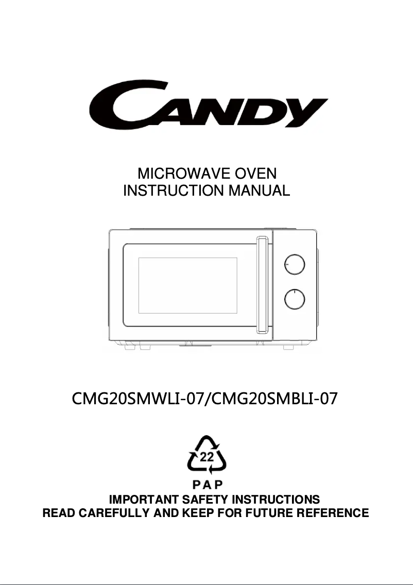 Page 1 de la notice Manuel utilisateur Candy CMG20SMBLI-07