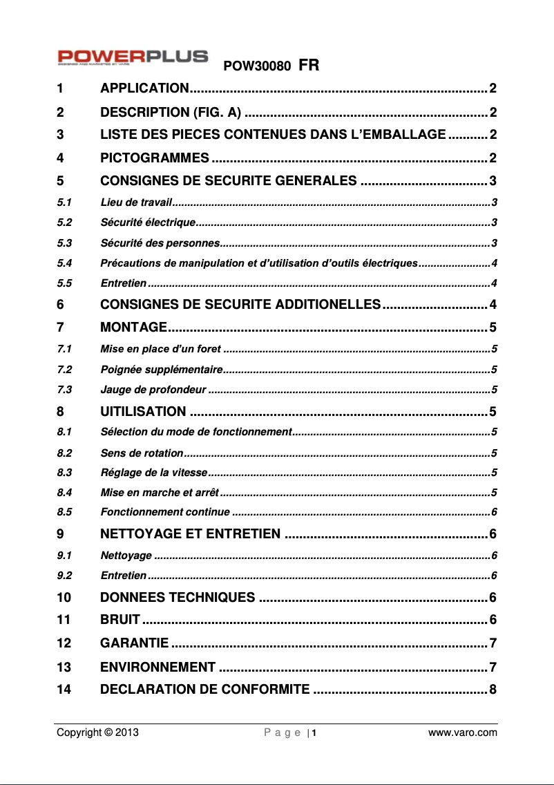 Image de la première page du manuel de l'appareil POW30080