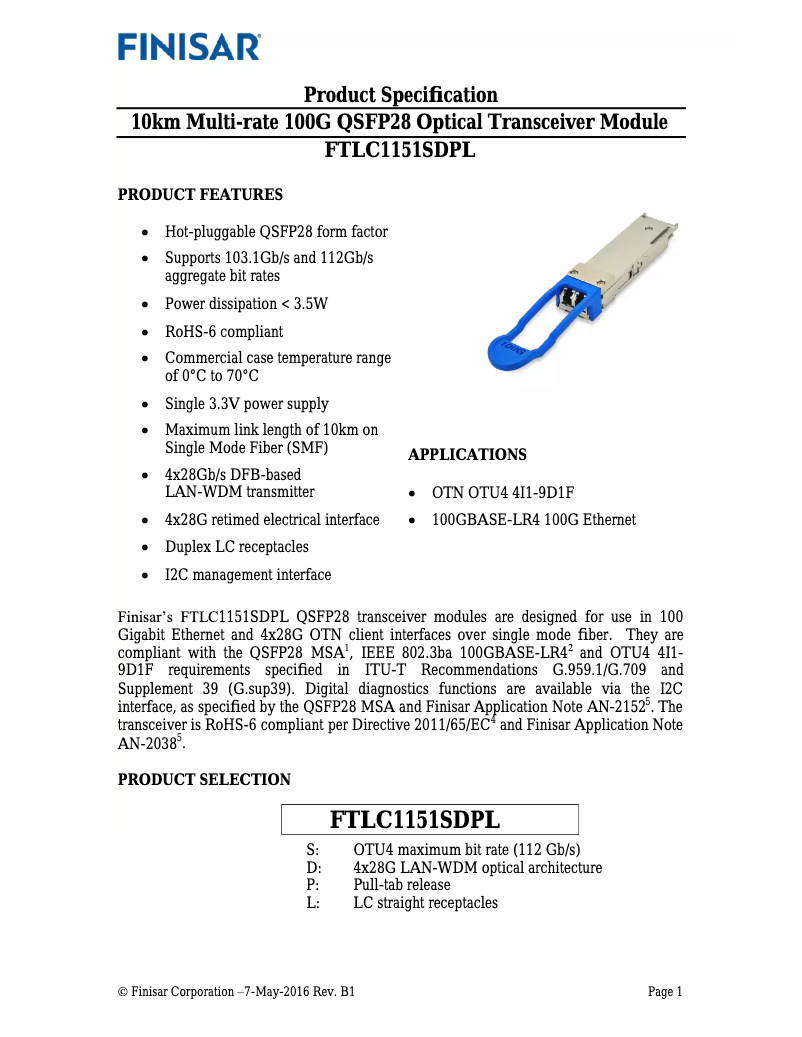 Page 1 de la notice Manuel utilisateur Finisar FTLC1151SDPL