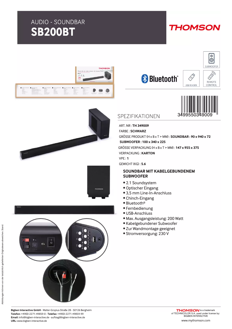 Page 1 de la notice Fiche technique Thomson SB200BT