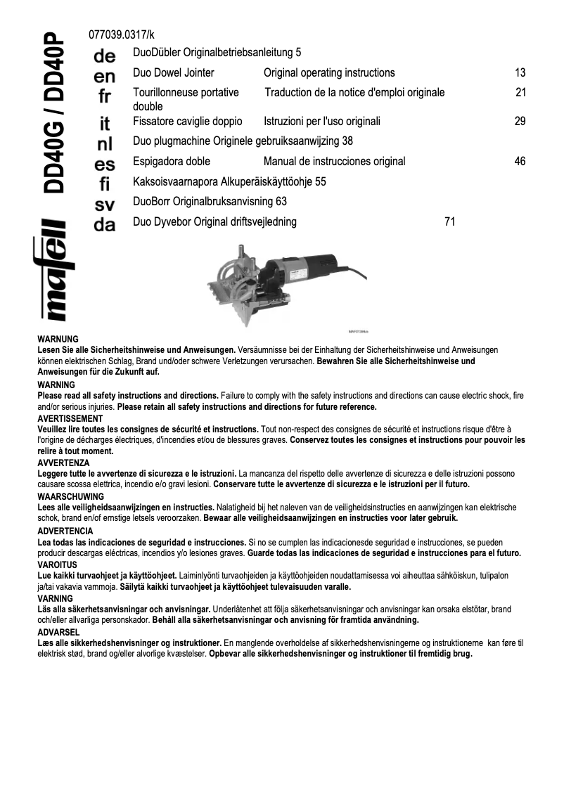 Page 1 de la notice Manuel utilisateur Mafell DD40P