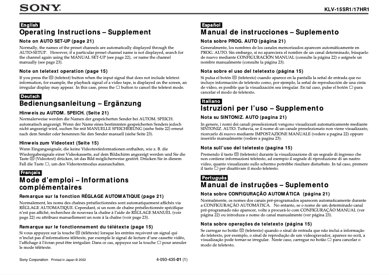 Page 1 de la notice Guide d'installation Sony KLV-15SR1