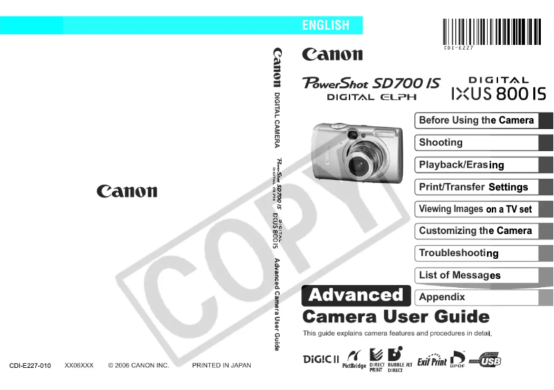 Page 1 de la notice Manuel utilisateur Canon IXUS 800 IS