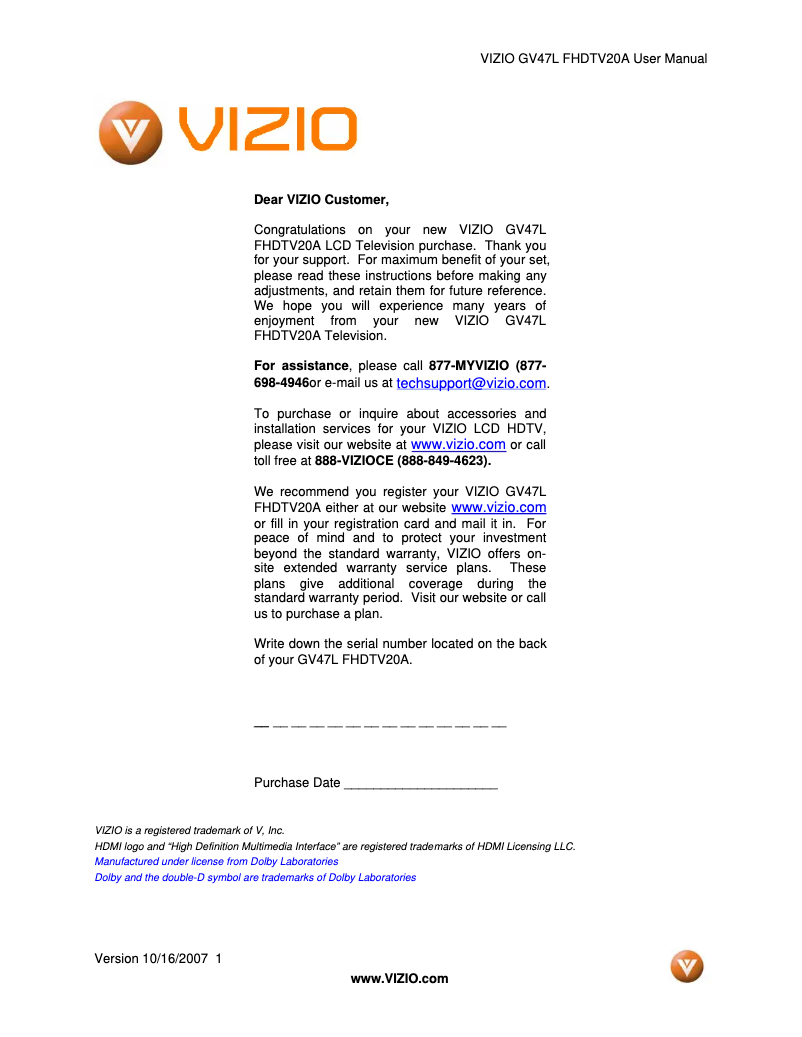 Page 1 de la notice Manuel utilisateur VIZIO GV47L FHDTV20A