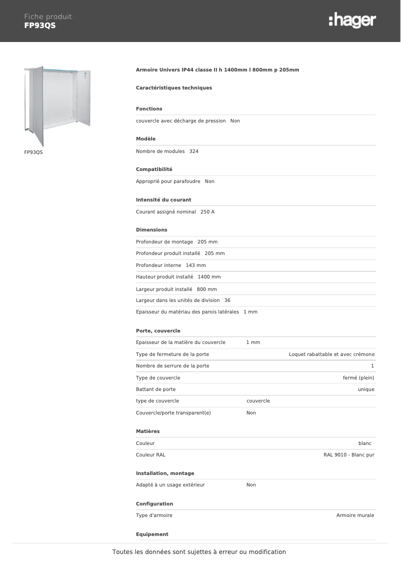 Page n°1 - Fiche technique Hager FP93QS