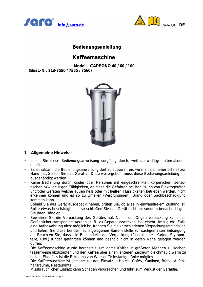 Image de la première page du manuel de l'appareil Cappono 100