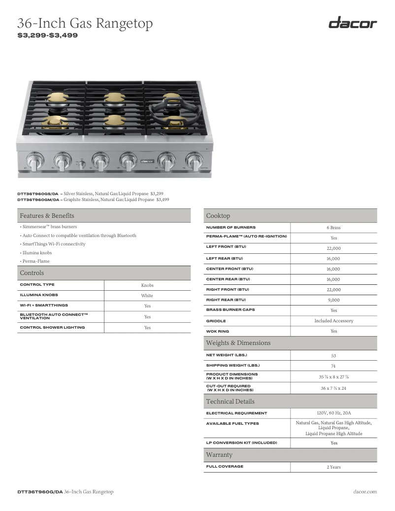 Page n°1 - Fiche technique Dacor DTT36T960GM