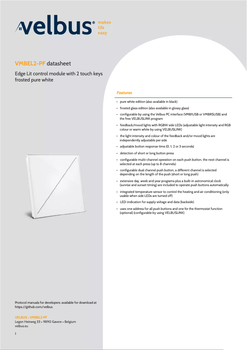 Página 1 del manual Ficha técnica Velbus VMBEL2