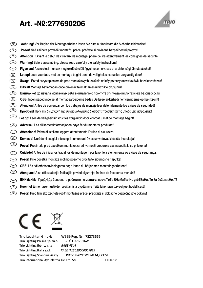 Page 1 de la notice Manuel utilisateur Trio Lighting Sandro