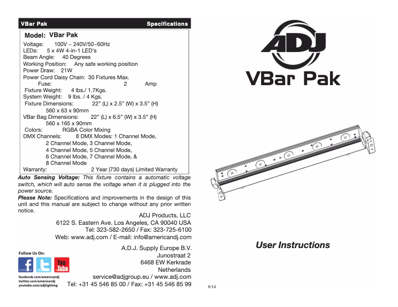 Image de la première page du manuel de l'appareil VBar Pak