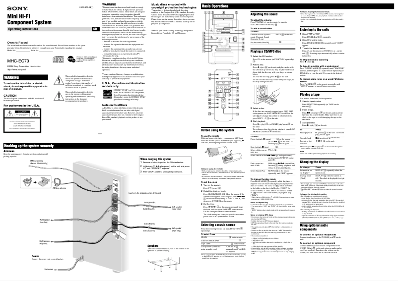Imagen de la primera página del manual del dispositivo MHC-EC70