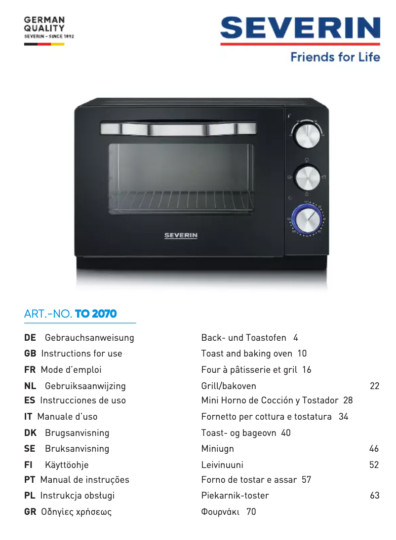 Page n°1 - Manuel utilisateur Severin TO 2070
