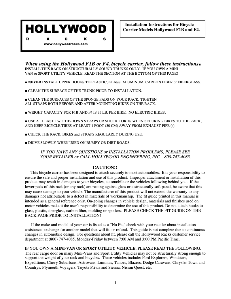 Page 1 de la notice Manuel utilisateur Hollywood Racks F4