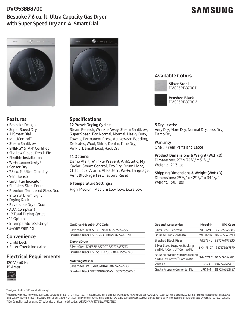 Page 1 de la notice Fiche technique Samsung DVG53BB8700T