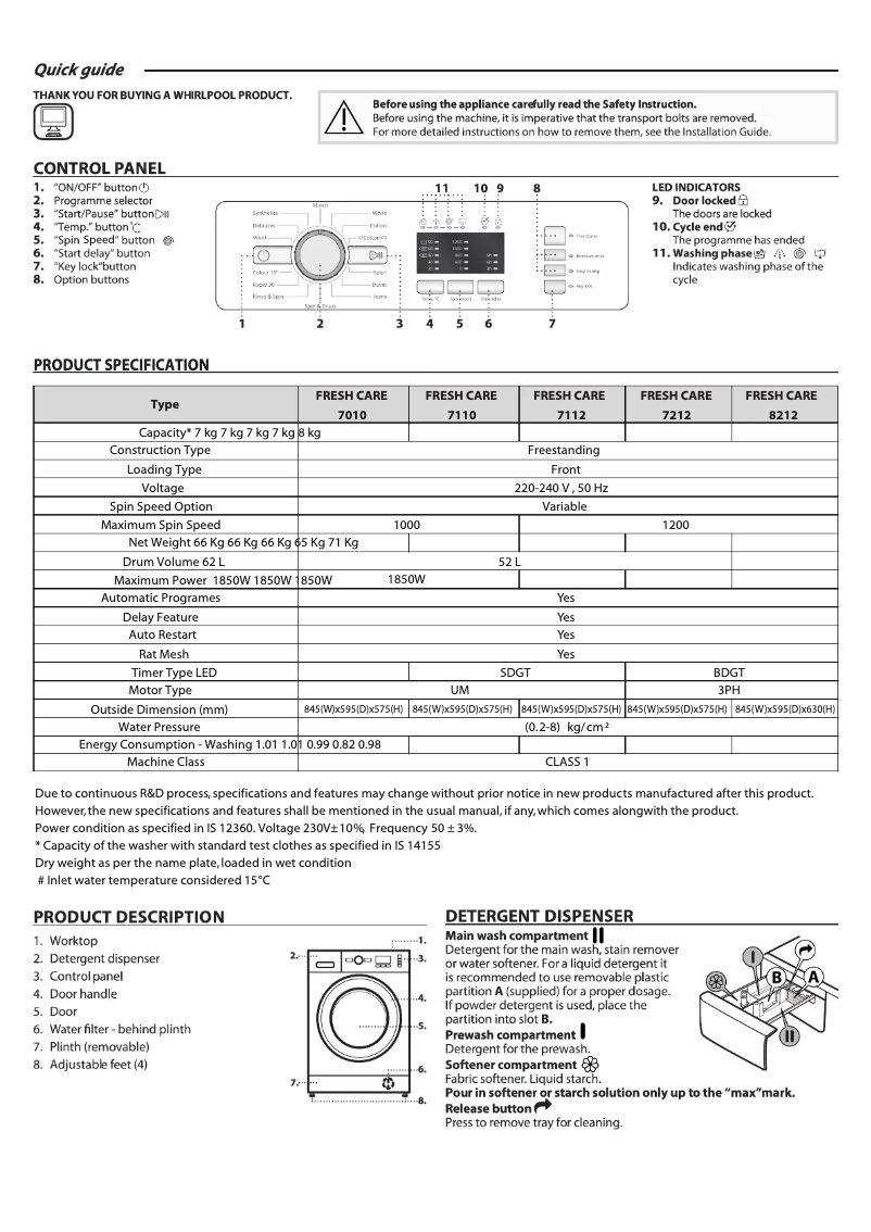 Page n°1 - Manuel utilisateur Whirlpool Fresh Care 7010