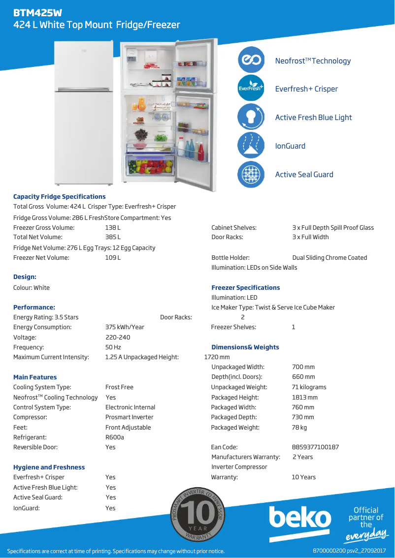 Page 1 de la notice Fiche technique Beko BTM425W