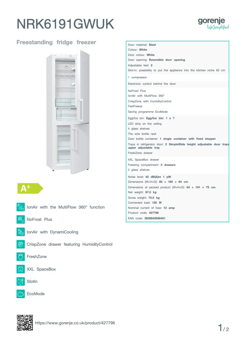 Page 1 of the manual Technical Sheet Gorenje NRK6191GWUK