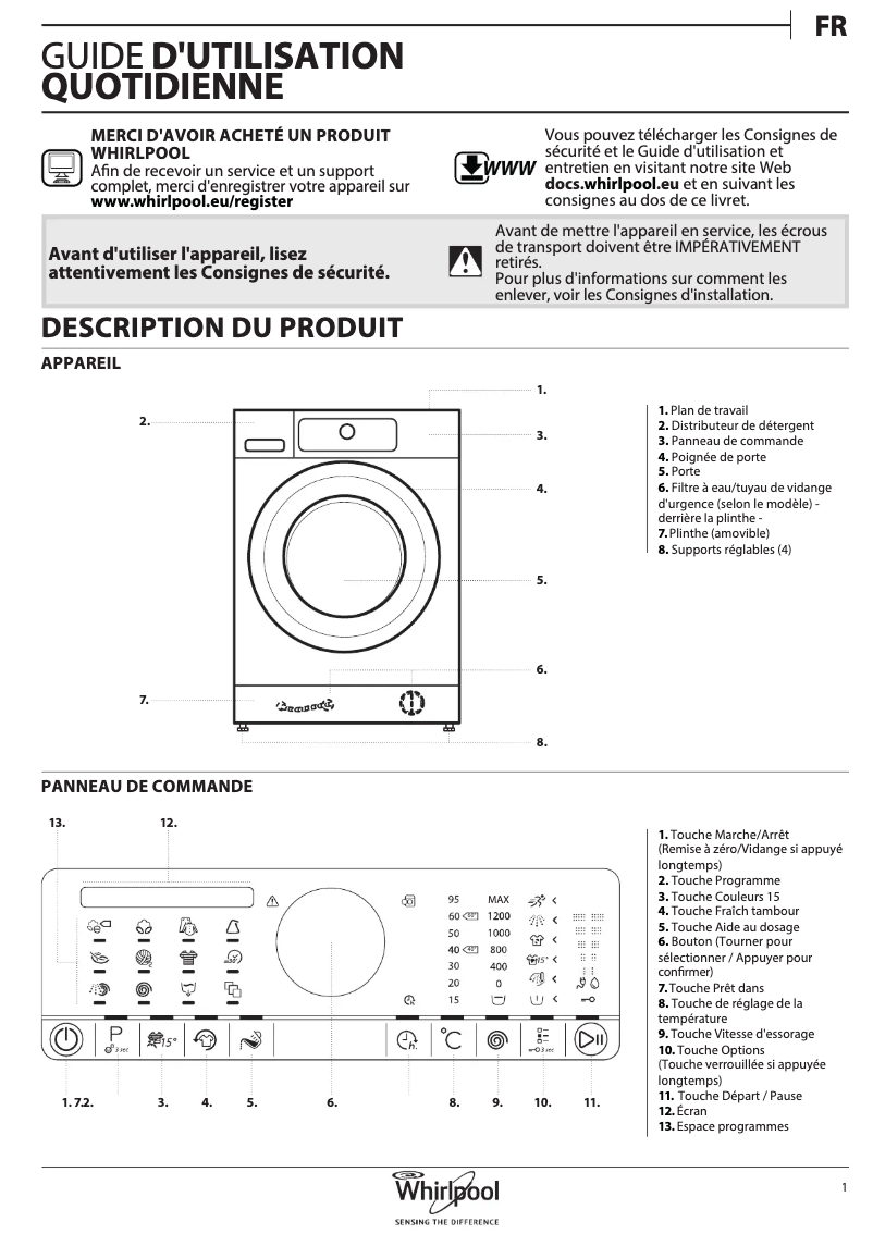 Page 1 de la notice Manuel utilisateur Whirlpool FSCR 90430