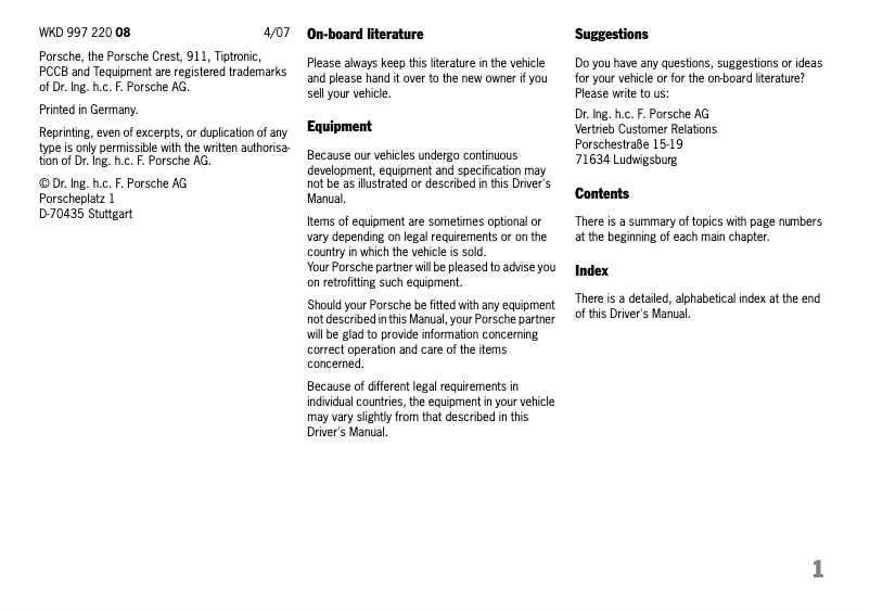 Page 1 de la notice Manuel utilisateur Porsche 911 Turbo (2008)