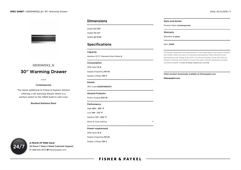Page 1 de la notice Fiche technique Fisher & Paykel OD30WDX2UB
