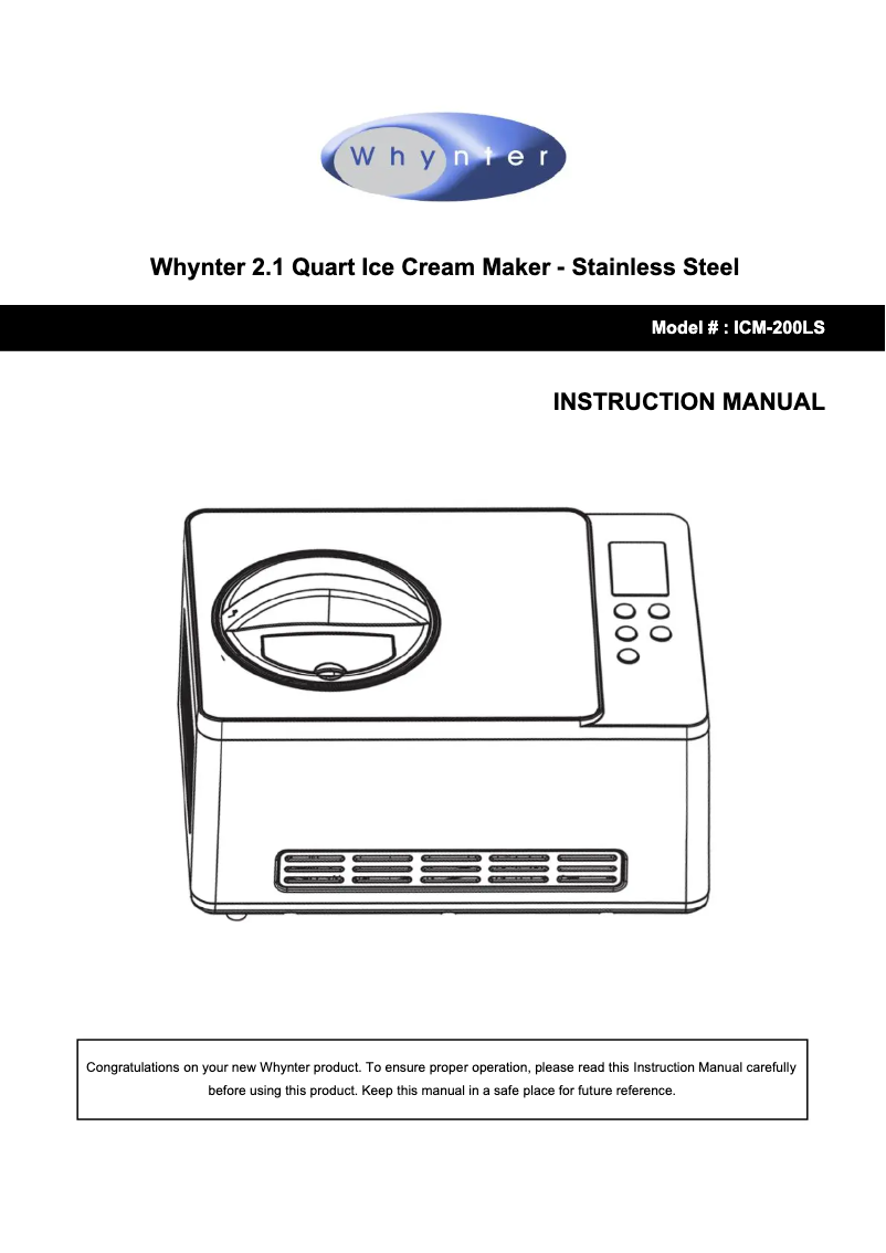 Page 1 de la notice Manuel utilisateur Whynter ICM-200LS