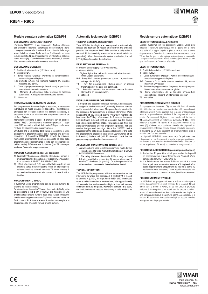 Page n°1 - Instructions / montage Vimar ELVOX R905