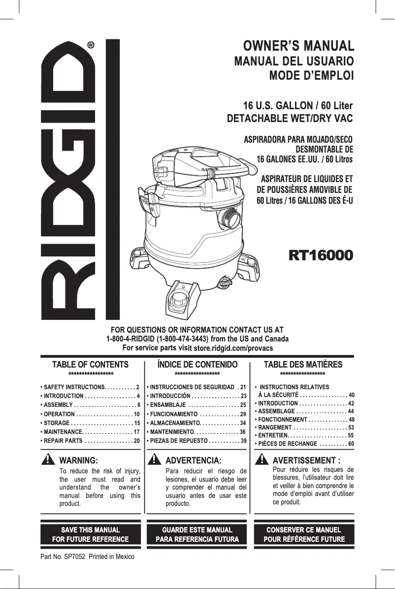 Page n°1 - Manuel utilisateur Ridgid RT1600
