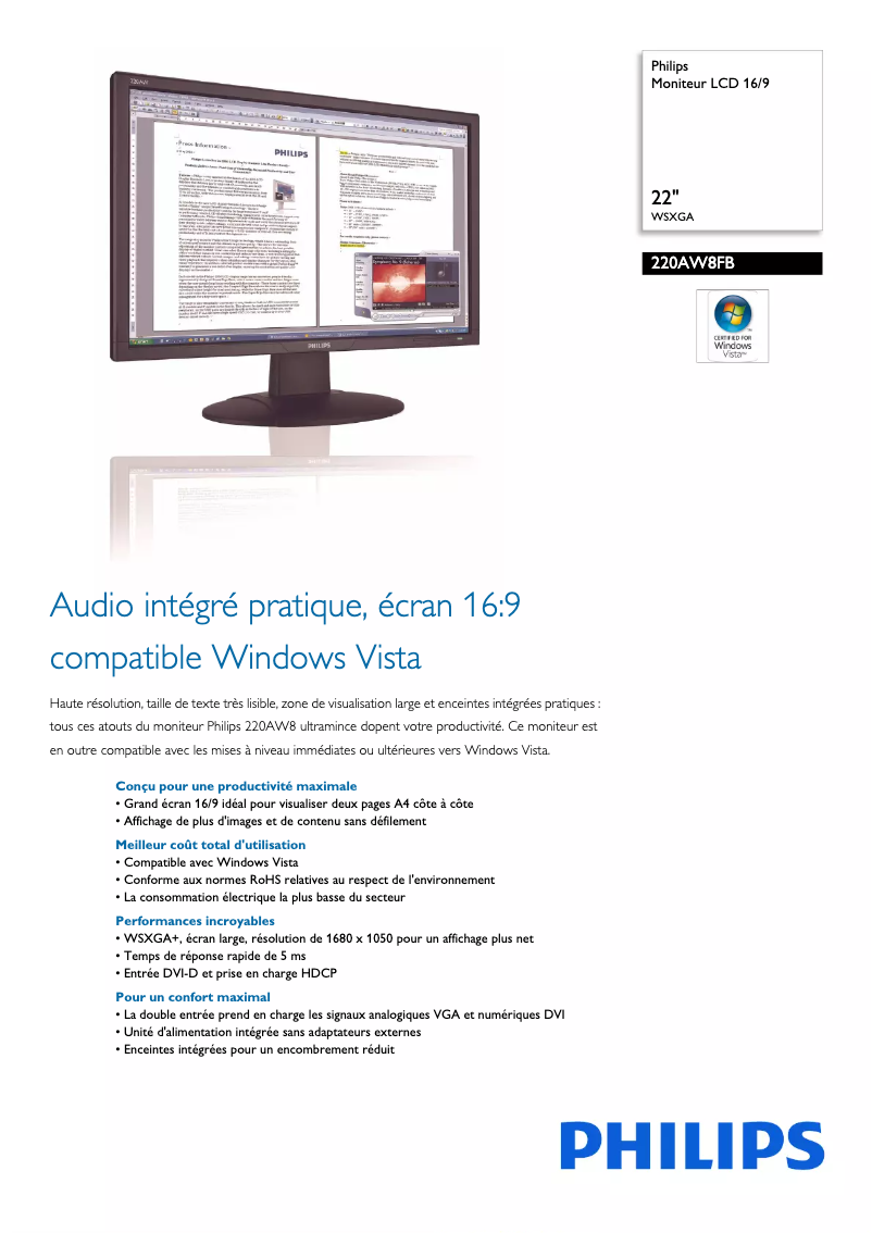 Page 1 de la notice Fiche technique Philips 220AW8FB