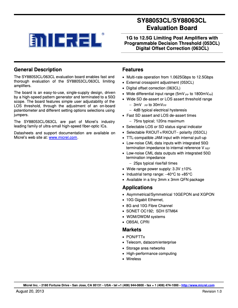 Page 1 de la notice Manuel utilisateur Microchip SY88053CL