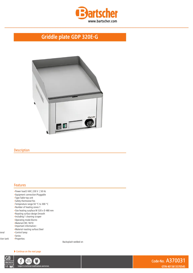 Page n°1 - Fiche technique Bartscher GDP 320E-G