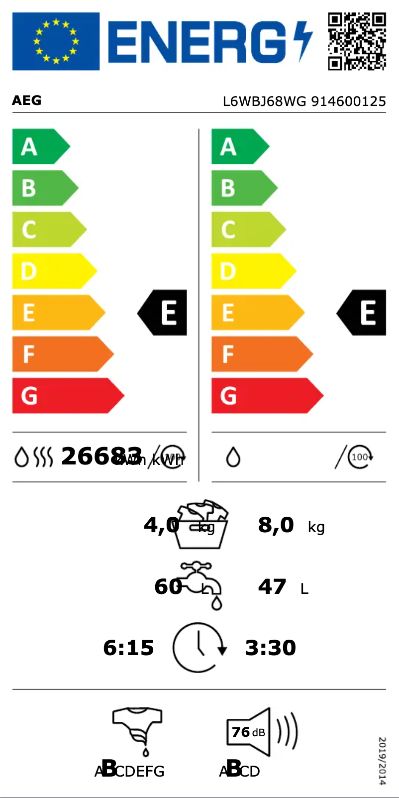 Page n°1 - Label énergétique AEG L6WBJ68WG