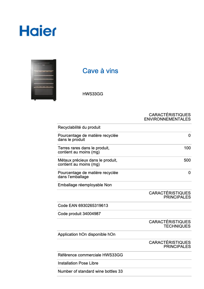 Page 1 de la notice Label énergétique Haier użytkownikaHWS33GGHandleidingВинарска