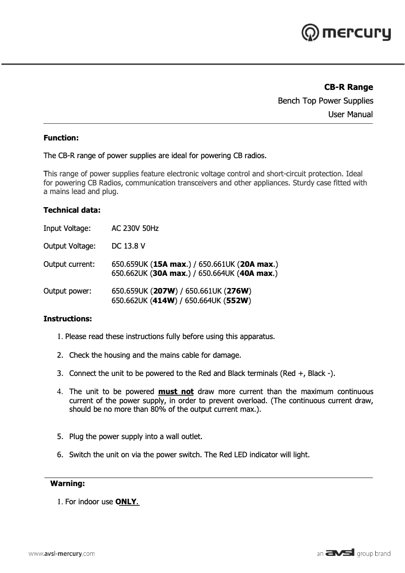 Page 1 de la notice Manuel utilisateur Mercury CB-R30