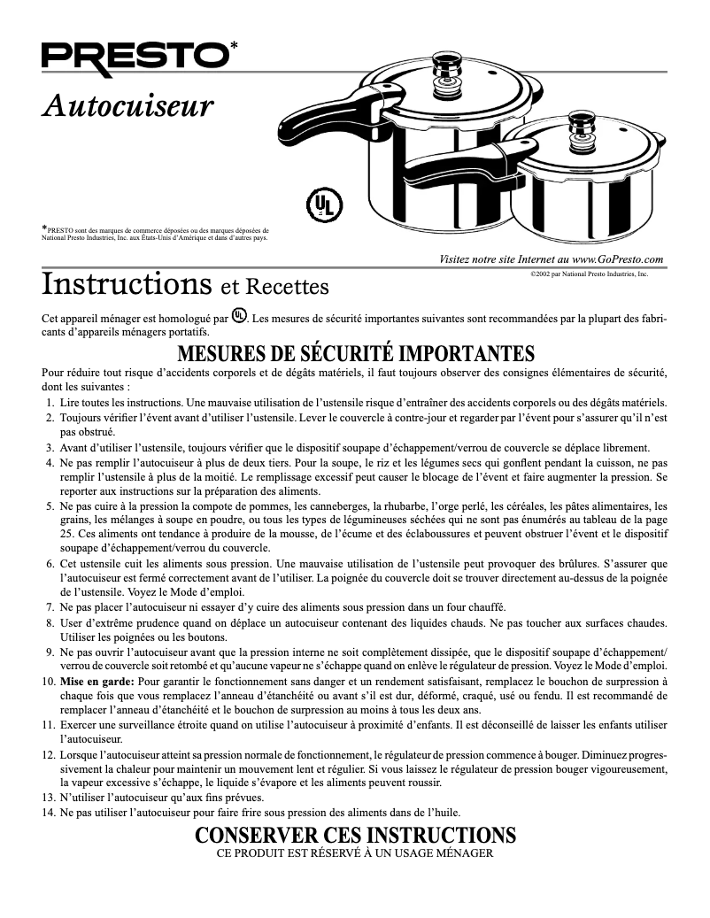 Page 1 de la notice Manuel utilisateur Presto 01362