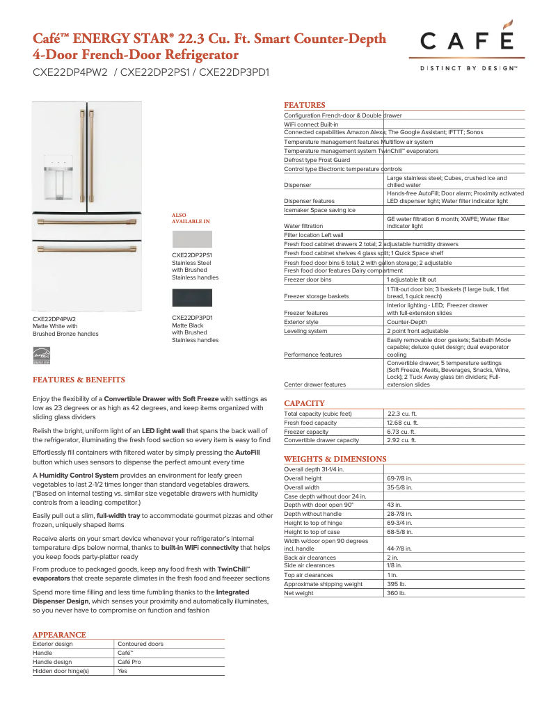 Page 1 de la notice Fiche technique GE Café CXE22DP3PD1