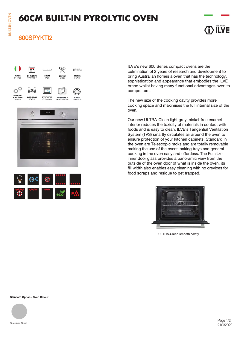 Page 1 de la notice Fiche technique Ilve 600SPYKTI2