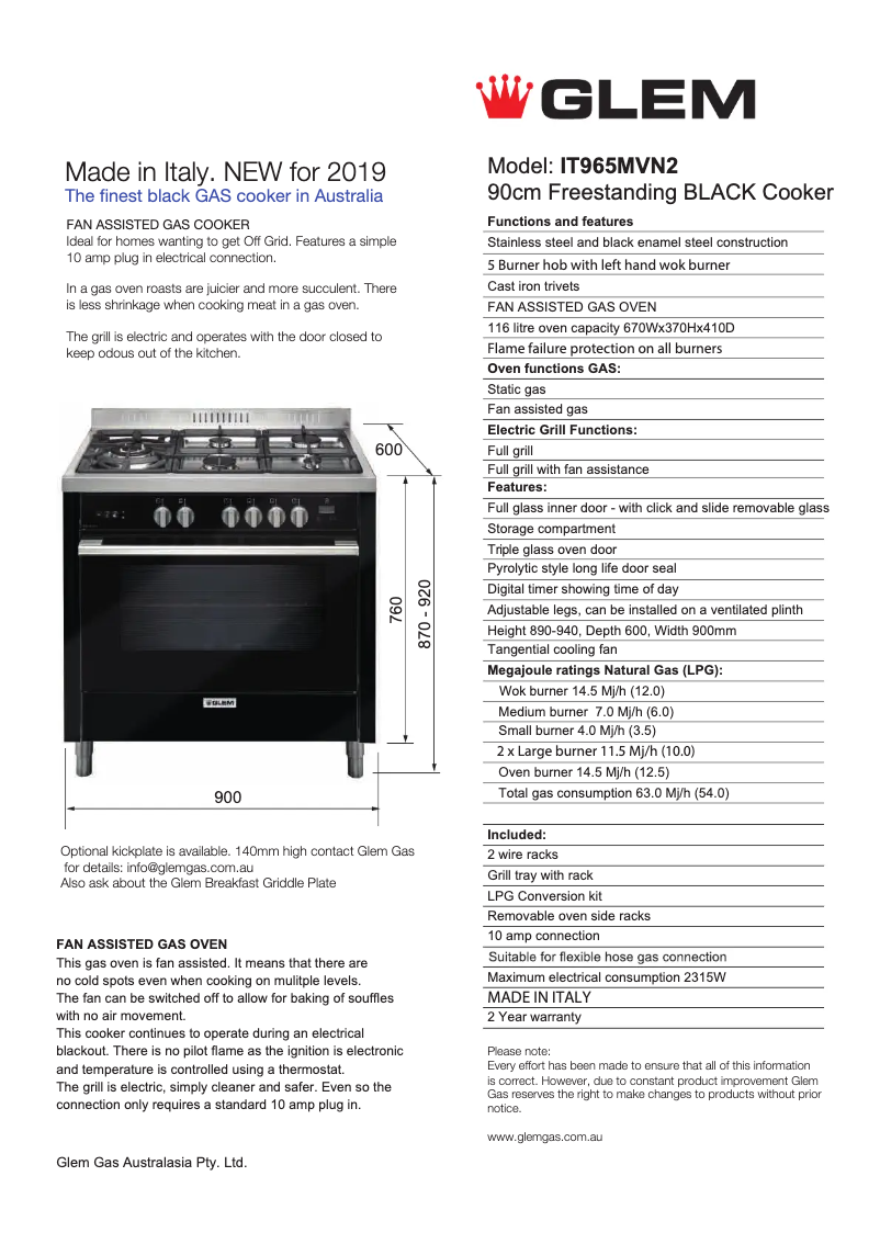 Page 1 de la notice Fiche technique Glem Gas IT965MVN2
