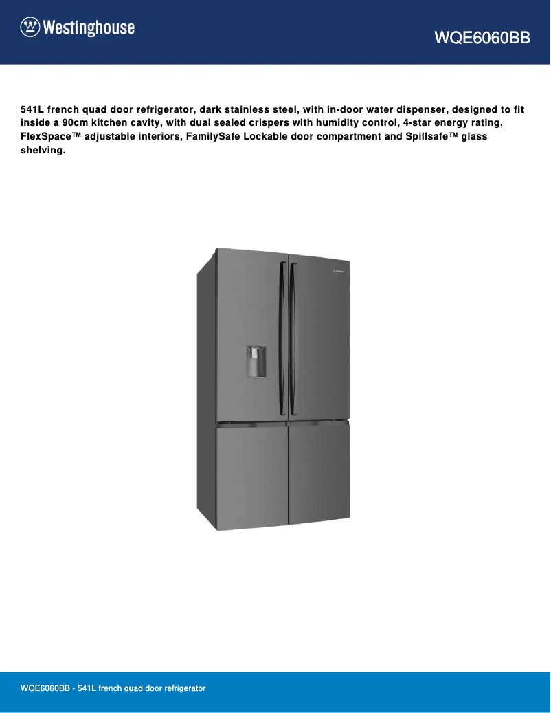 Page 1 de la notice Fiche technique Westinghouse WQE6060BB