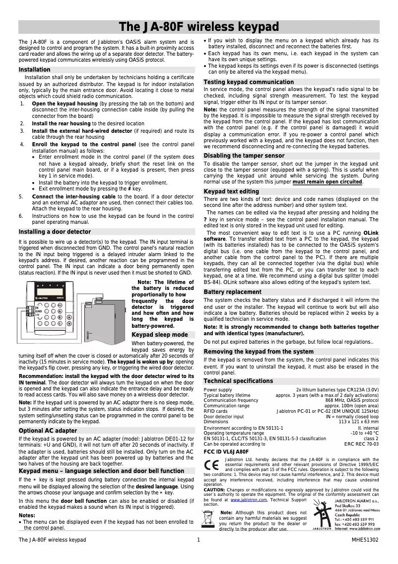 Page 1 de la notice Manuel utilisateur Joblotron JA-80F