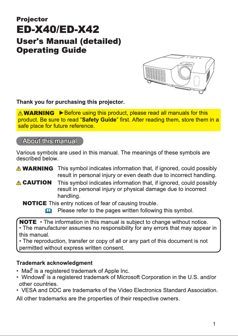 Page 1 de la notice Manuel utilisateur Hitachi ED-X40EF