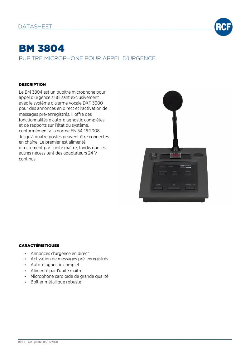 Page 1 of the manual Technical Sheet RCF BM 3804
