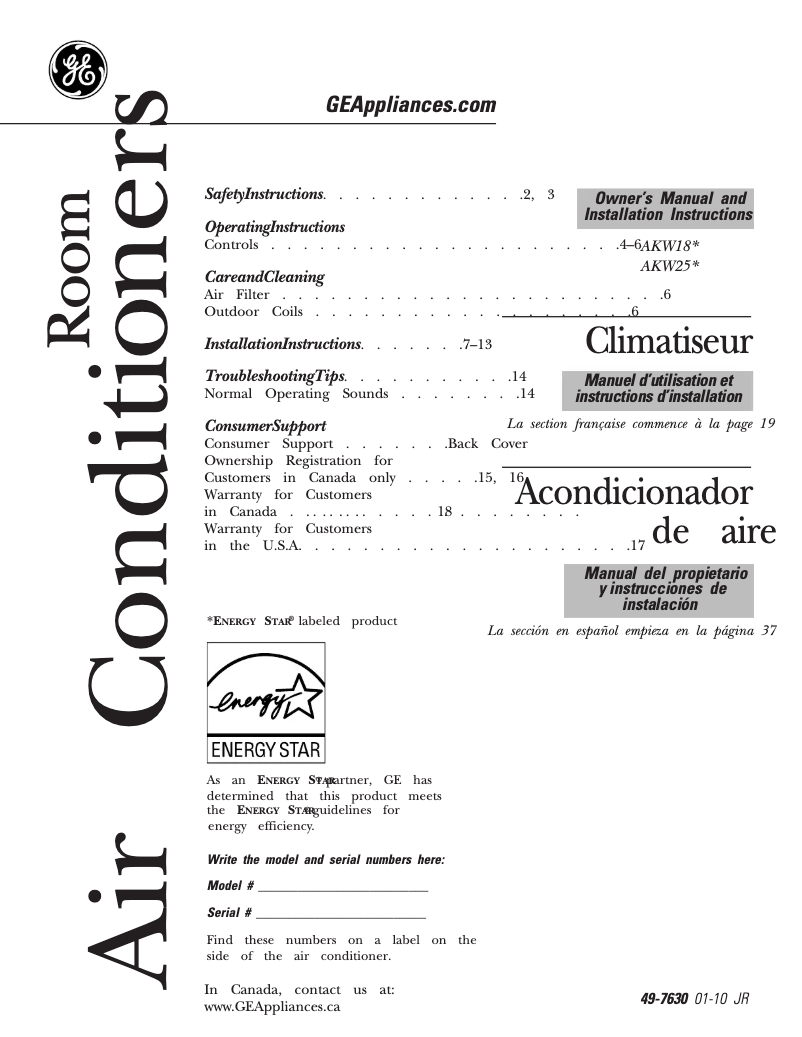 Page n°1 - Manuel d'utilisation et d'entretien GE AKW18DN