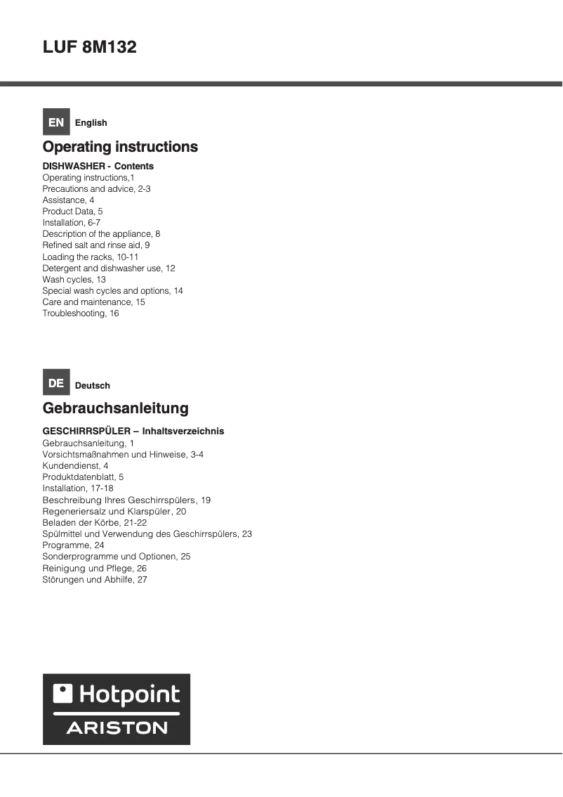Page 1 de la notice Manuel utilisateur Hotpoint Ariston LUF 8M132