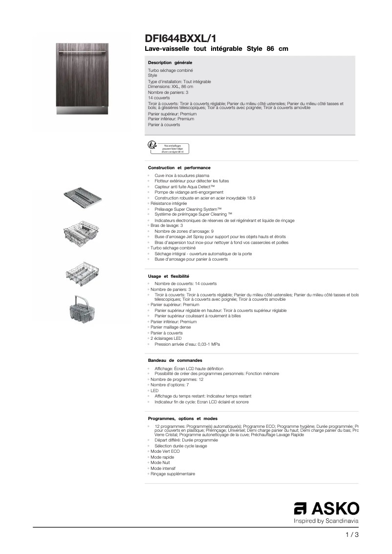 Page 1 de la notice Fiche technique Asko DFI644BXXL/1