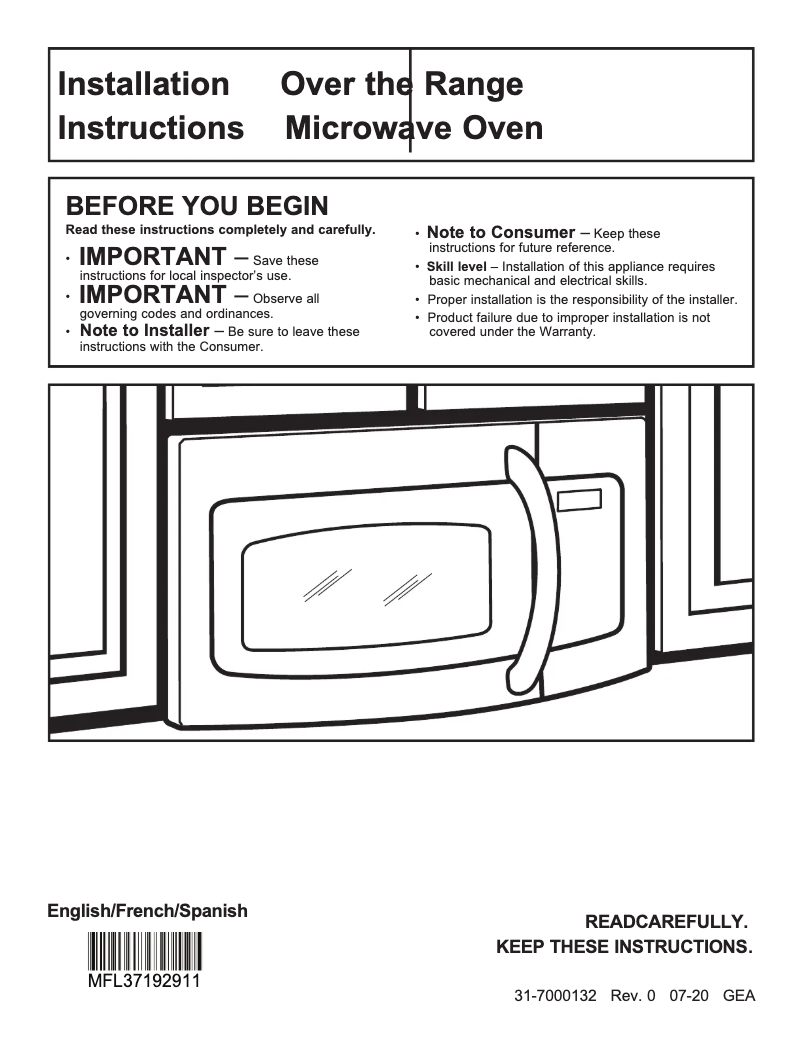 Page 1 de la notice Guide d'installation GE JNM3184DPBB