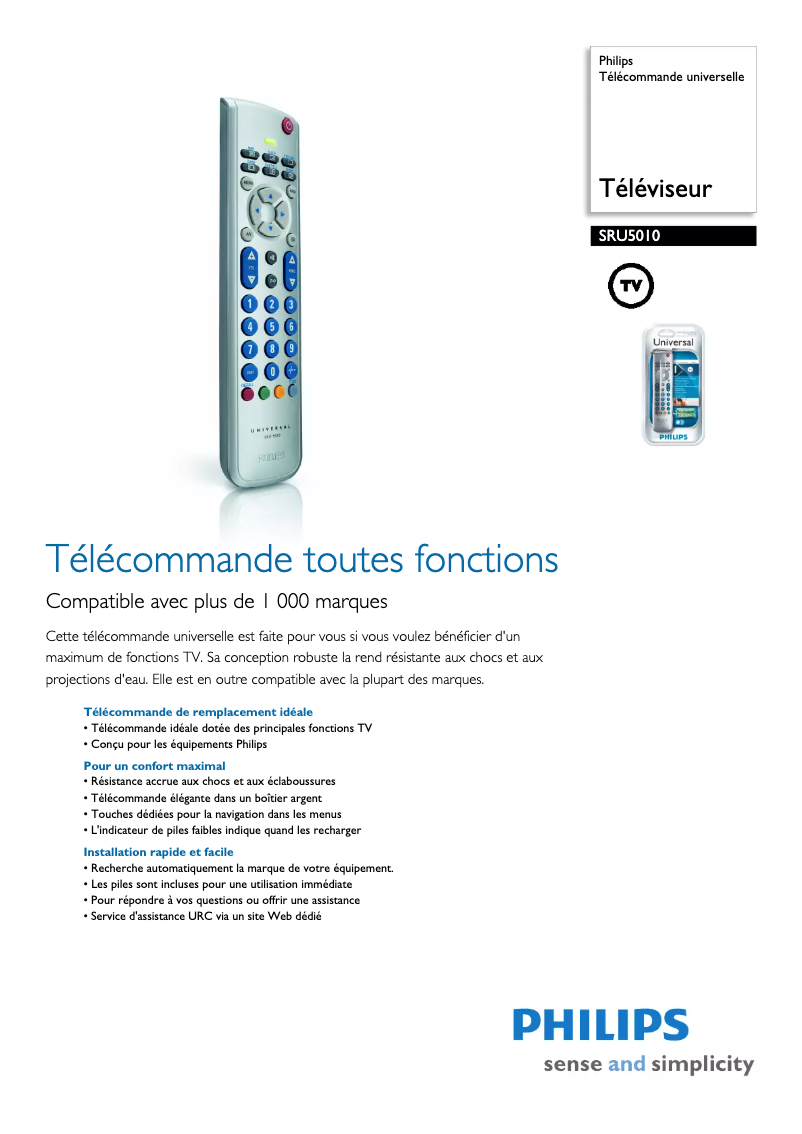 Page 1 de la notice Fiche technique Philips SRU5010