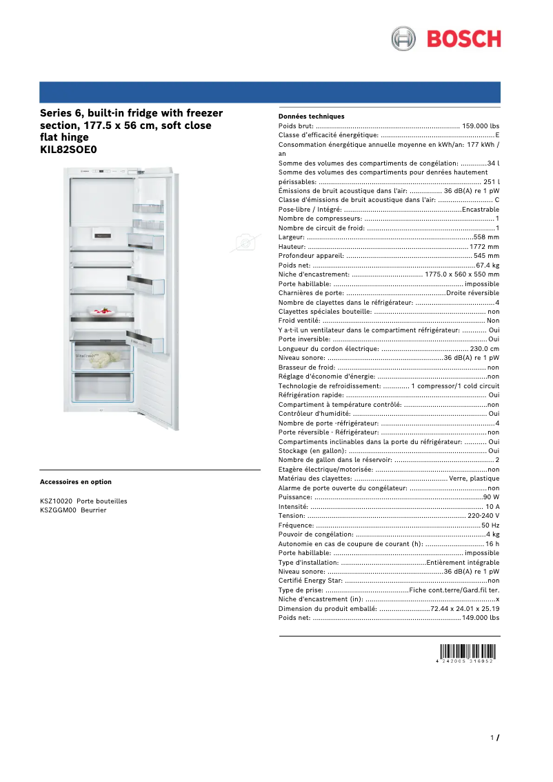 Page 1 of the manual Technical Sheet Bosch KIL82SOE0